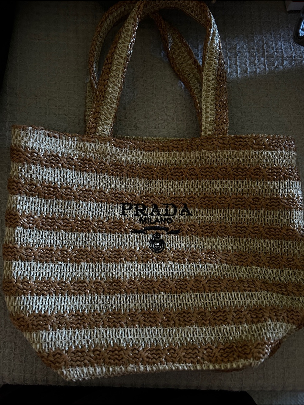Prada Striped Raffia Tote in Natural and Brown